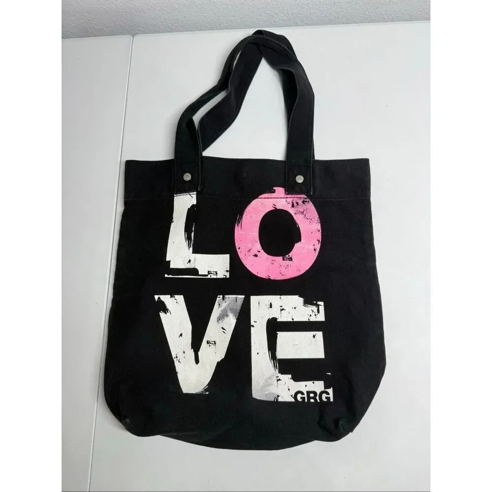 Garage LOVE Tote Canvas Bag Black Snap Closure 100% Cotton